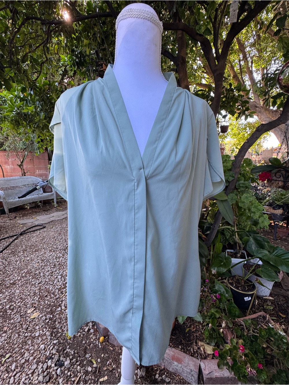 Calvin Klein Light Sage V-Neck Flutter Sleeve Blouse